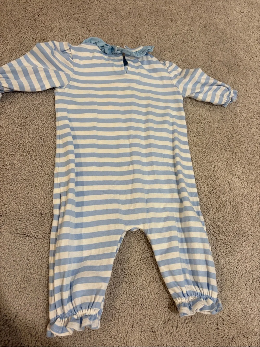 Girls Blue & White Stripe 'Gobble' Ruffle Neck Footie